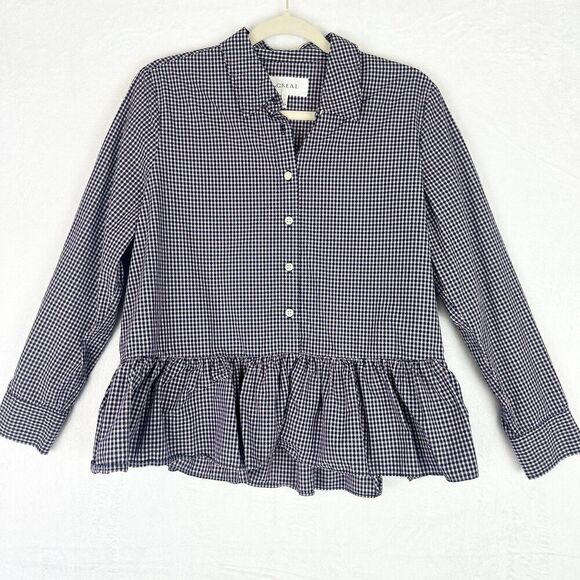 The Great Ruffle Oxford Shirt Size 2 US Medium Plaid Cotton Peplum Long Sleeve - Picture 1 of 5